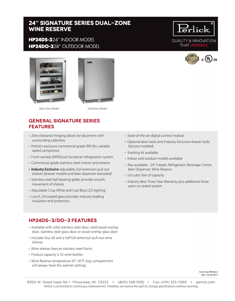 Página 1 del manual Ficha técnica Perlick HP24DS-3-3R