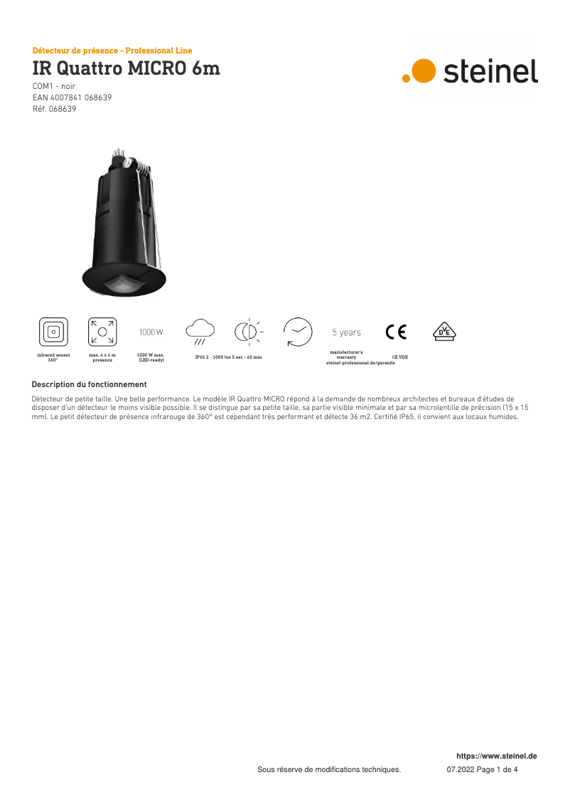 Página 1 del manual Ficha técnica Steinel IR Quattro MICRO