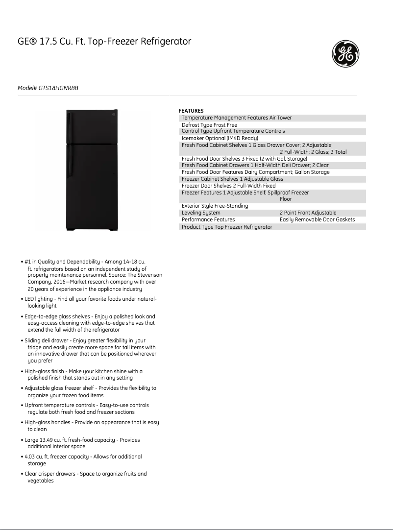 Page 1 de la notice Fiche technique GE GIE18DTNRBB