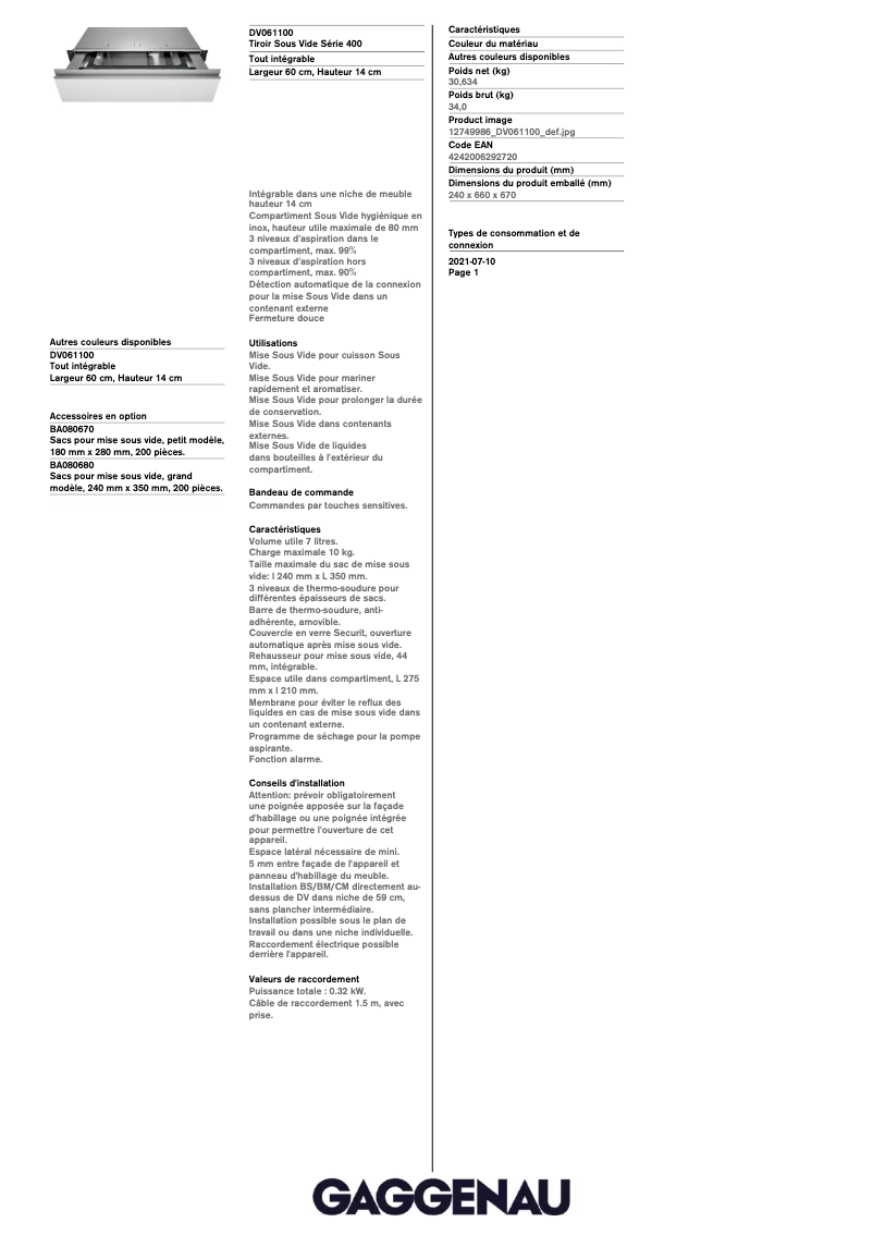 Page n°1 - Fiche technique Gaggenau DV061100