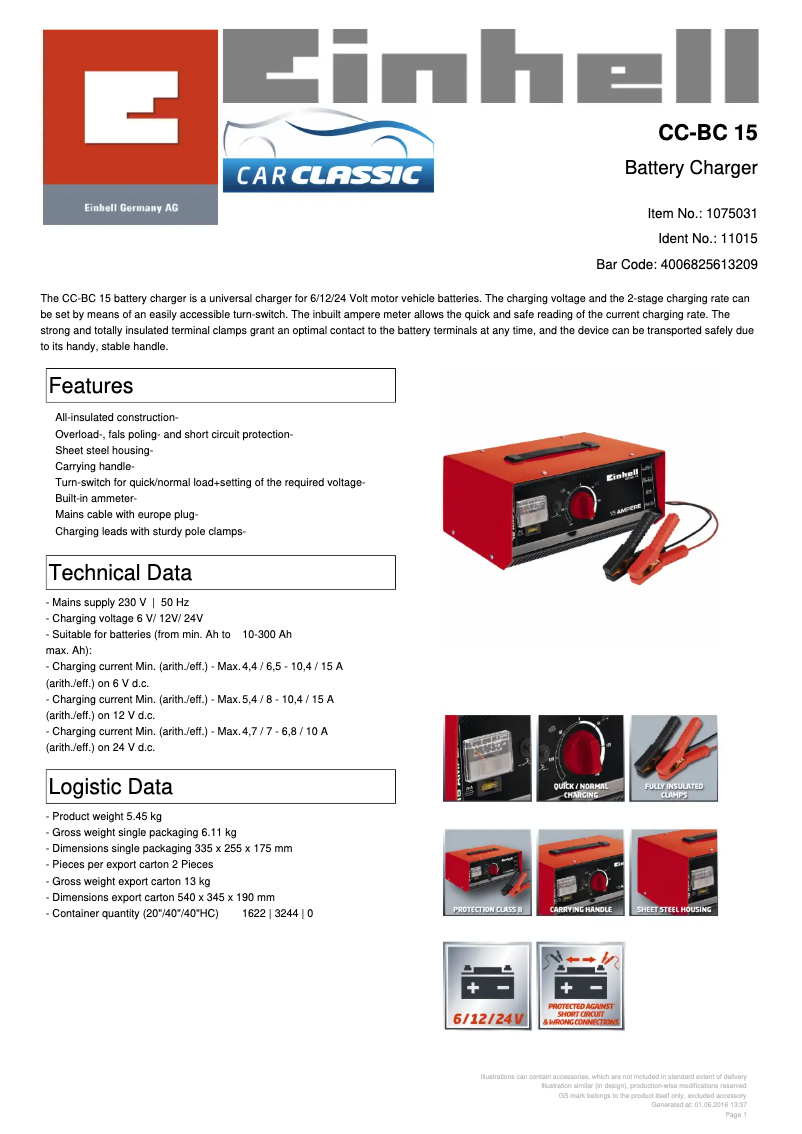 Página 1 del manual Ficha técnica Einhell CC-BC 15