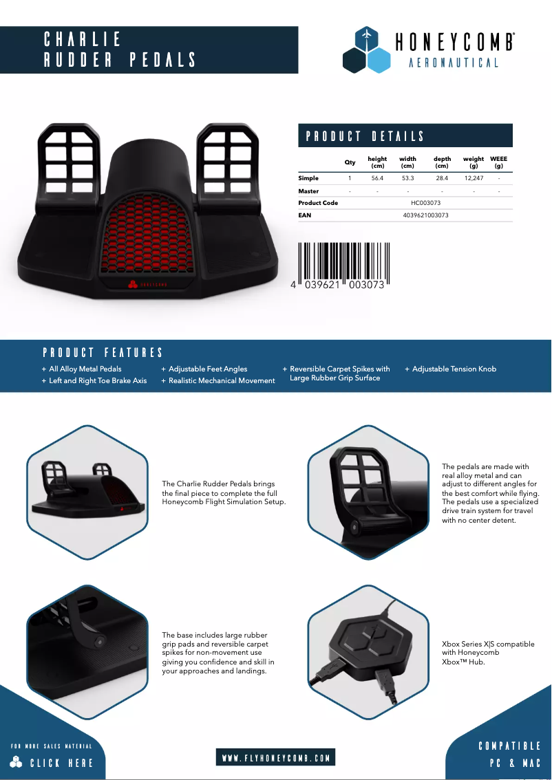 Page 1 of the manual User Manual Honeycomb Charlie Rudder Pedals