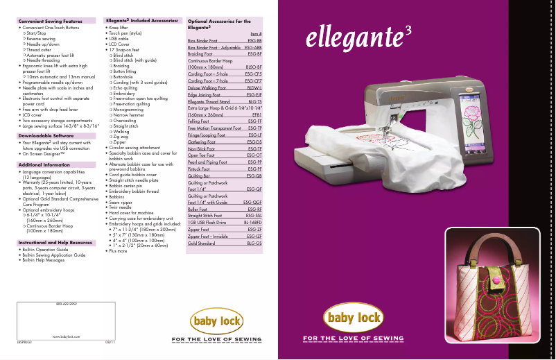 Page 1 de la notice Fiche technique Baby Lock Ellegante 3