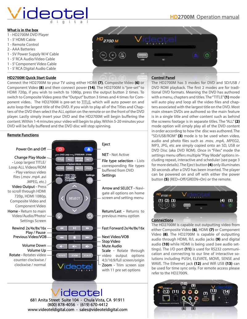 Page 1 de la notice Manuel utilisateur Videotel Digital HD2700M