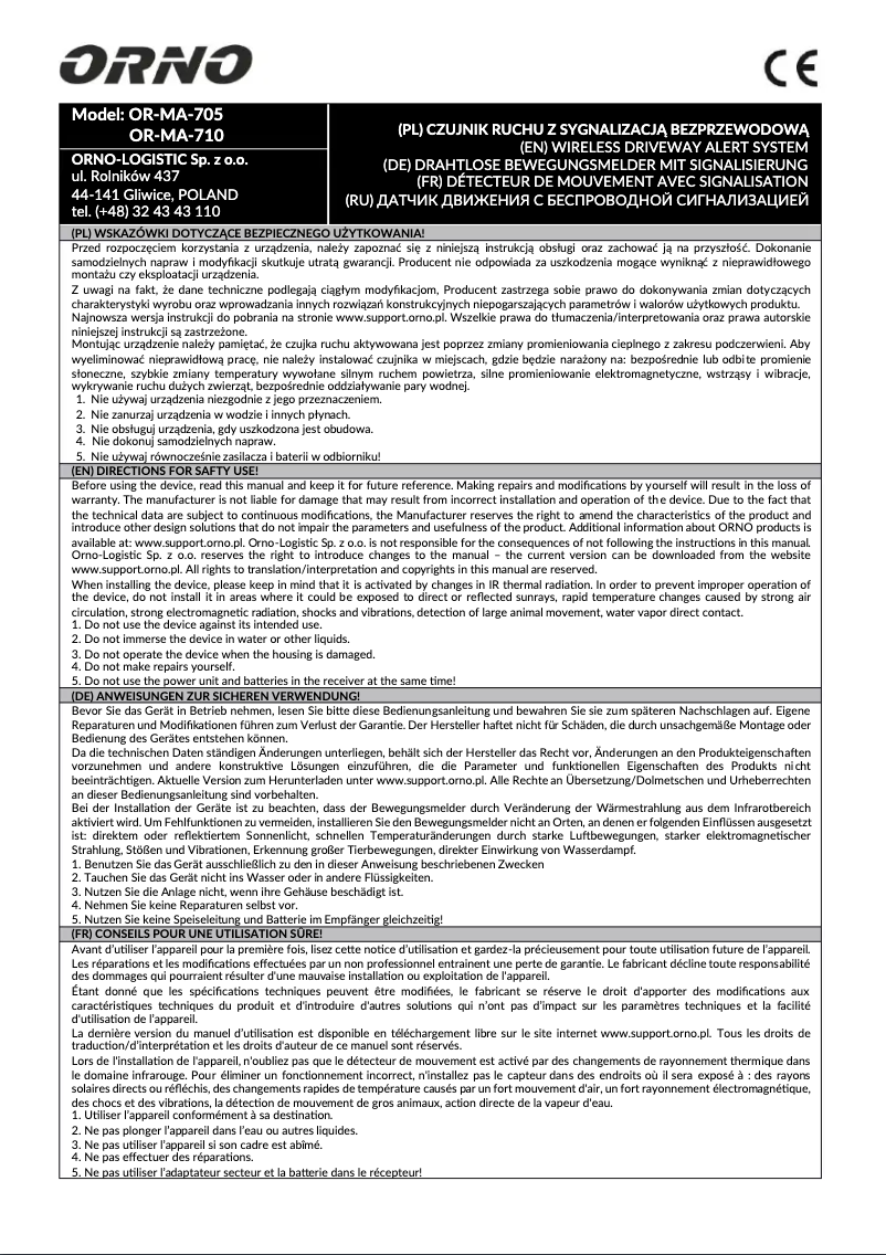 Page 1 de la notice Manuel utilisateur ORNO OR-MA-705