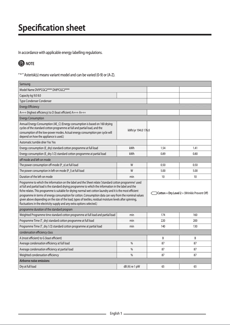 Page 1 de la notice Fiche technique Samsung DV80CGC2B0AE