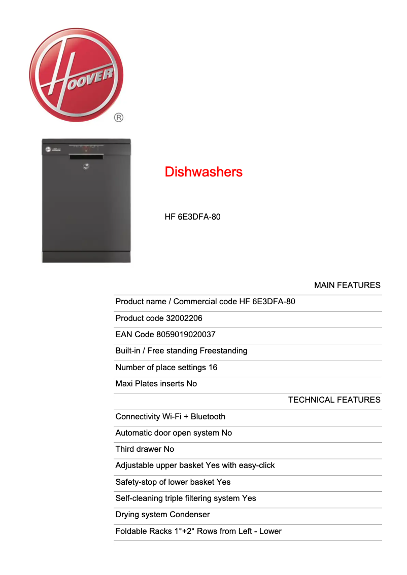 Page n°1 - Fiche technique Hoover H-DISH 500 HF 6E3DFA-80