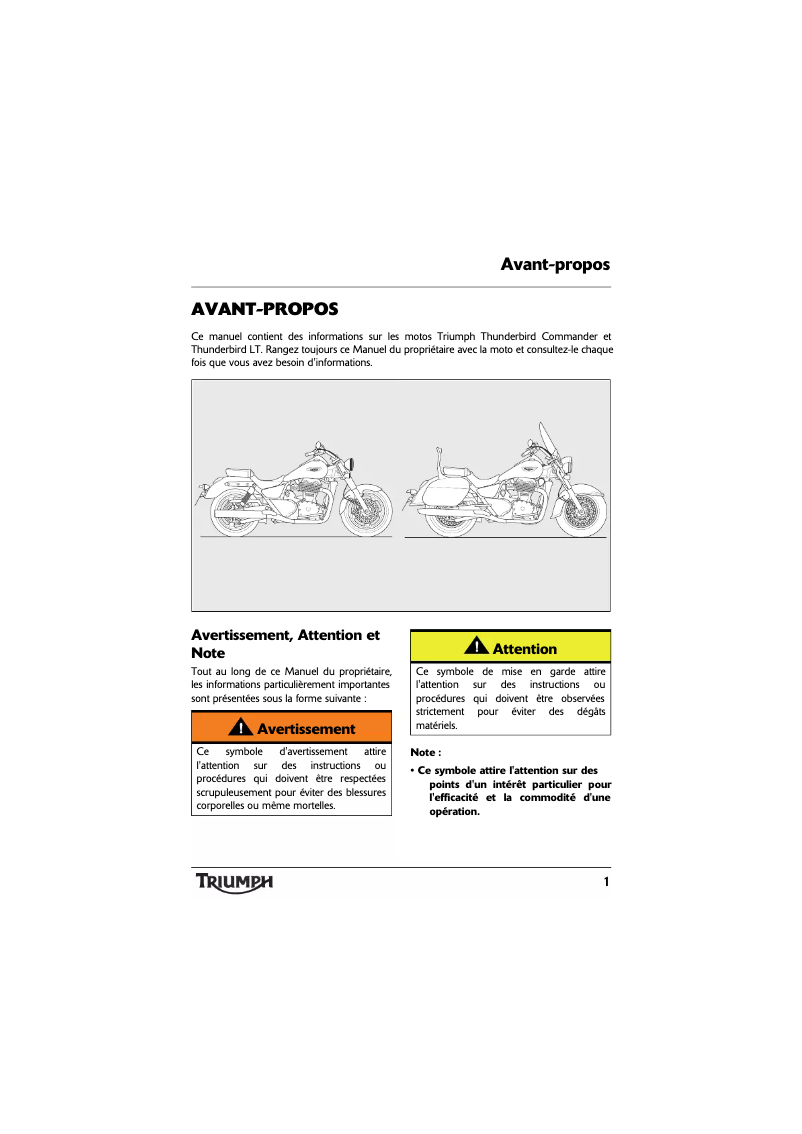 Page 1 de la notice Manuel utilisateur Triumph Thunderbird LT