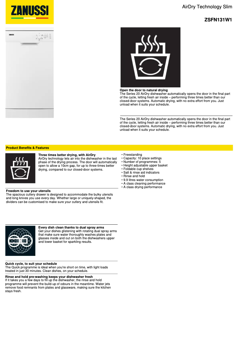 Page 1 de la notice Fiche technique Zanussi ZSFN131W1