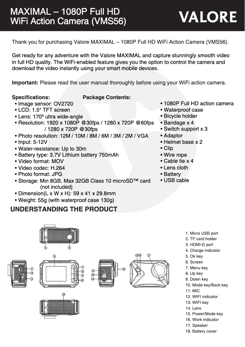 Page 1 de la notice Manuel utilisateur Valore VMS56