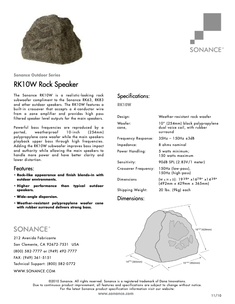 Page 1 de la notice Fiche technique Sonance RK10W