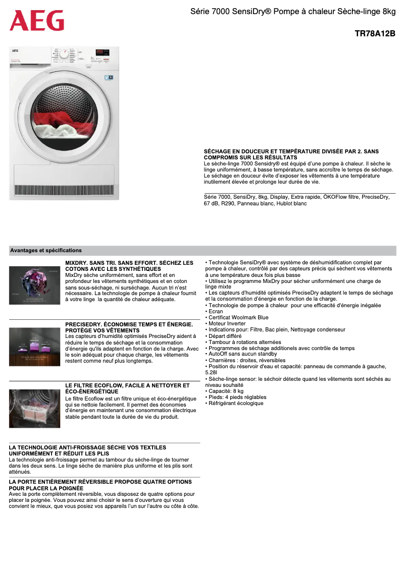 Page n°1 - Fiche technique AEG TR78A12B