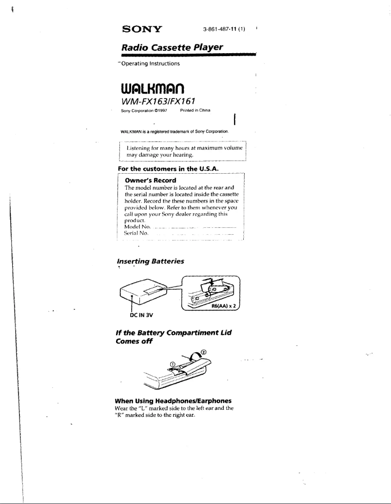 Page 1 de la notice Manuel utilisateur Sony Walkman WM-FX161