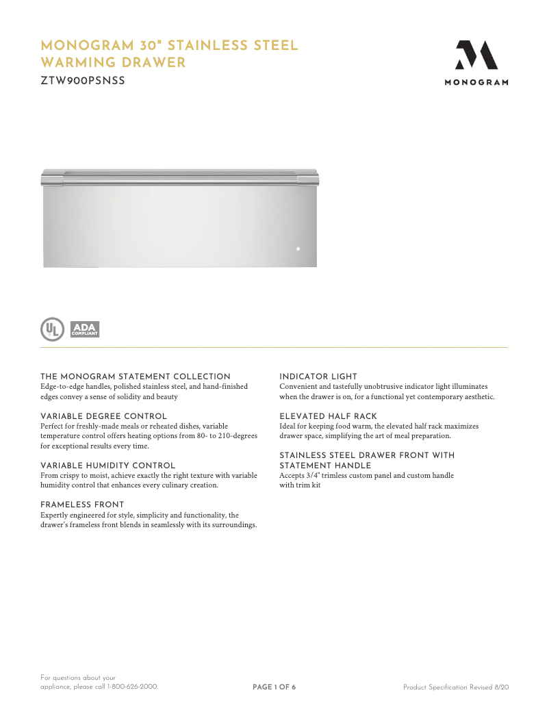 Página 1 del manual Ficha técnica Monogram ZTW900PSNSS