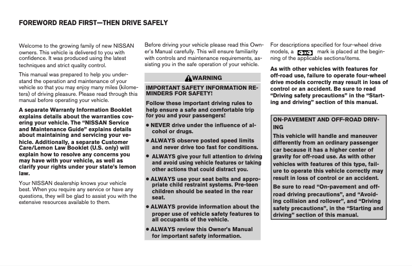 Page 1 de la notice Manuel utilisateur Nissan Frontier (2008)