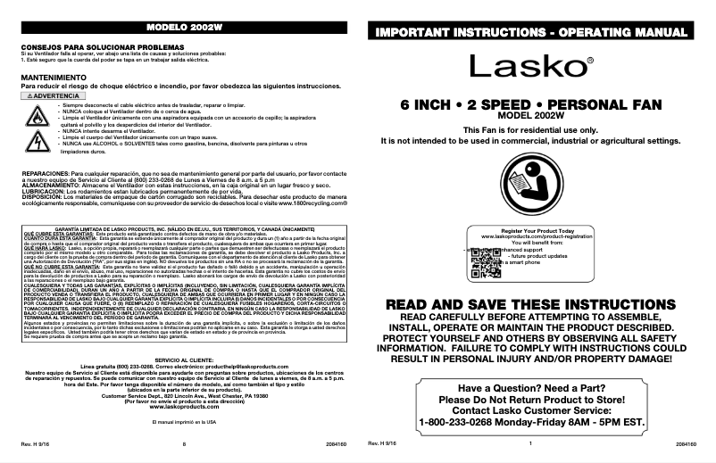 Page 1 de la notice Manuel utilisateur Lasko 2002W