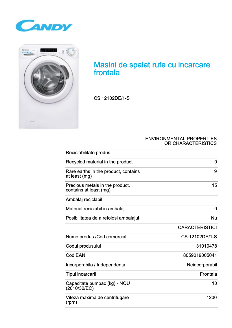 Page 1 de la notice Fiche technique Candy CS 12102DE/1-S