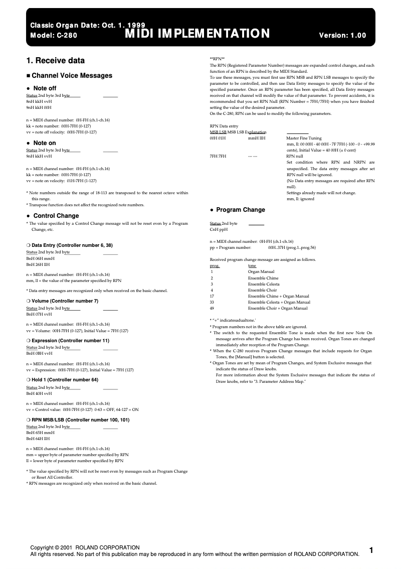 Page 1 de la notice Manuel utilisateur Roland C-280