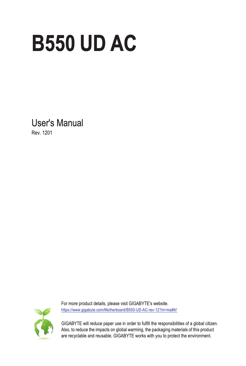 Page 1 de la notice Manuel utilisateur Gigabyte B550 UD AC