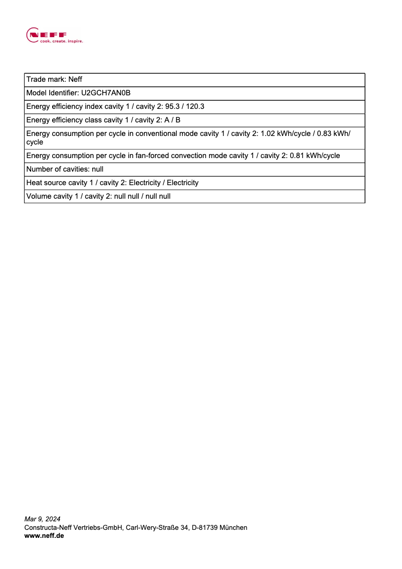 Page 1 of the manual Technical Sheet Neff U2GCH7AN0B