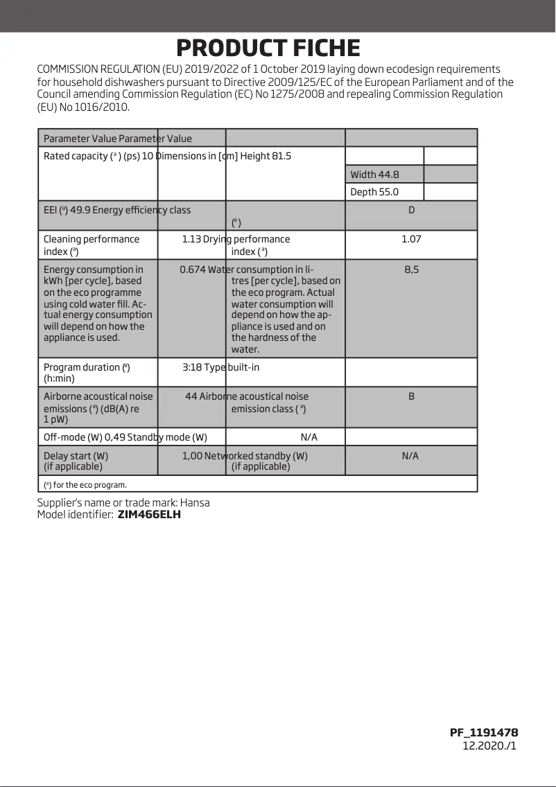 Page 1 de la notice Fiche technique Hansa ZIM466ELH