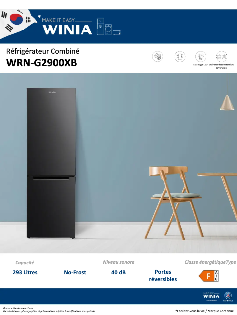 Page 1 de la notice Fiche technique Winia WRN-G2900XB