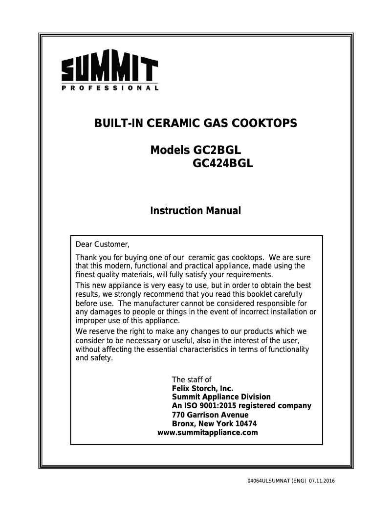 Page 1 de la notice Manuel utilisateur Summit GC424BGL