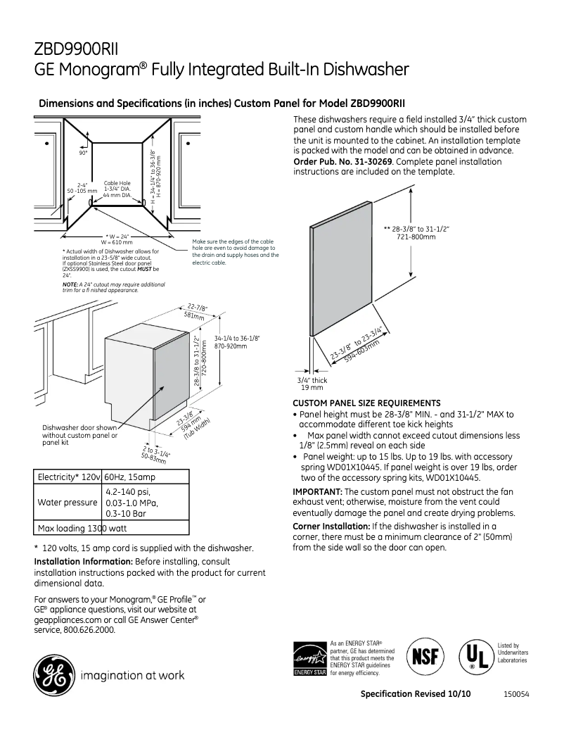 Page 1 de la notice Fiche technique GE ZBD9900RII
