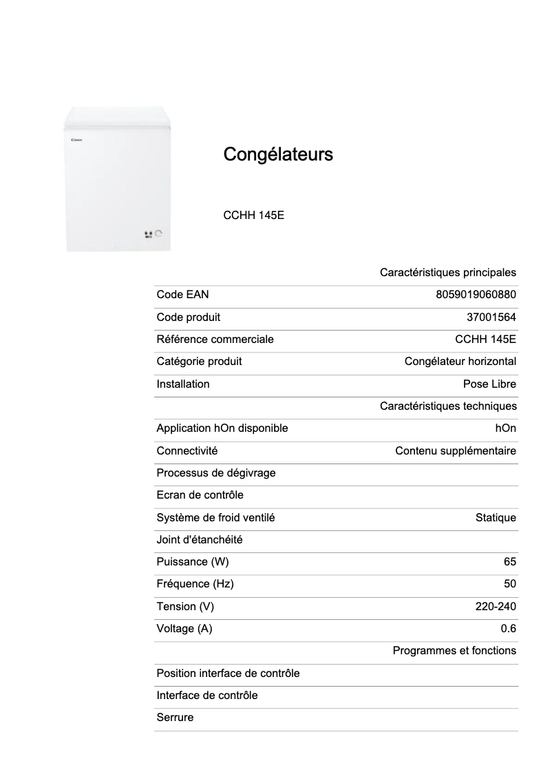 Page 1 de la notice Fiche technique Candy CCHH 145E