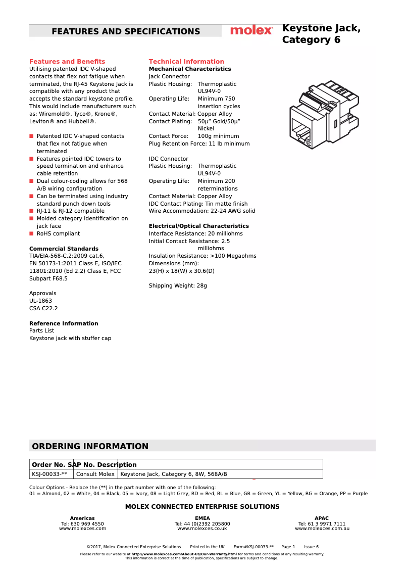 Page 1 de la notice Manuel utilisateur Molex Keystone Jack