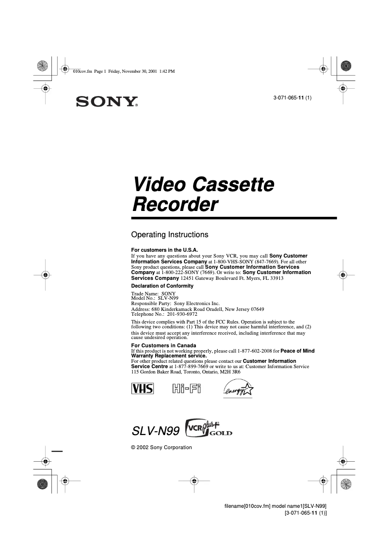 Page 1 de la notice Manuel utilisateur Sony SLV-N99