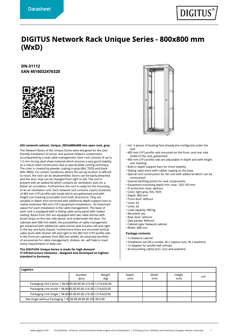 Page 1 de la notice Fiche technique Digitus DN-31112