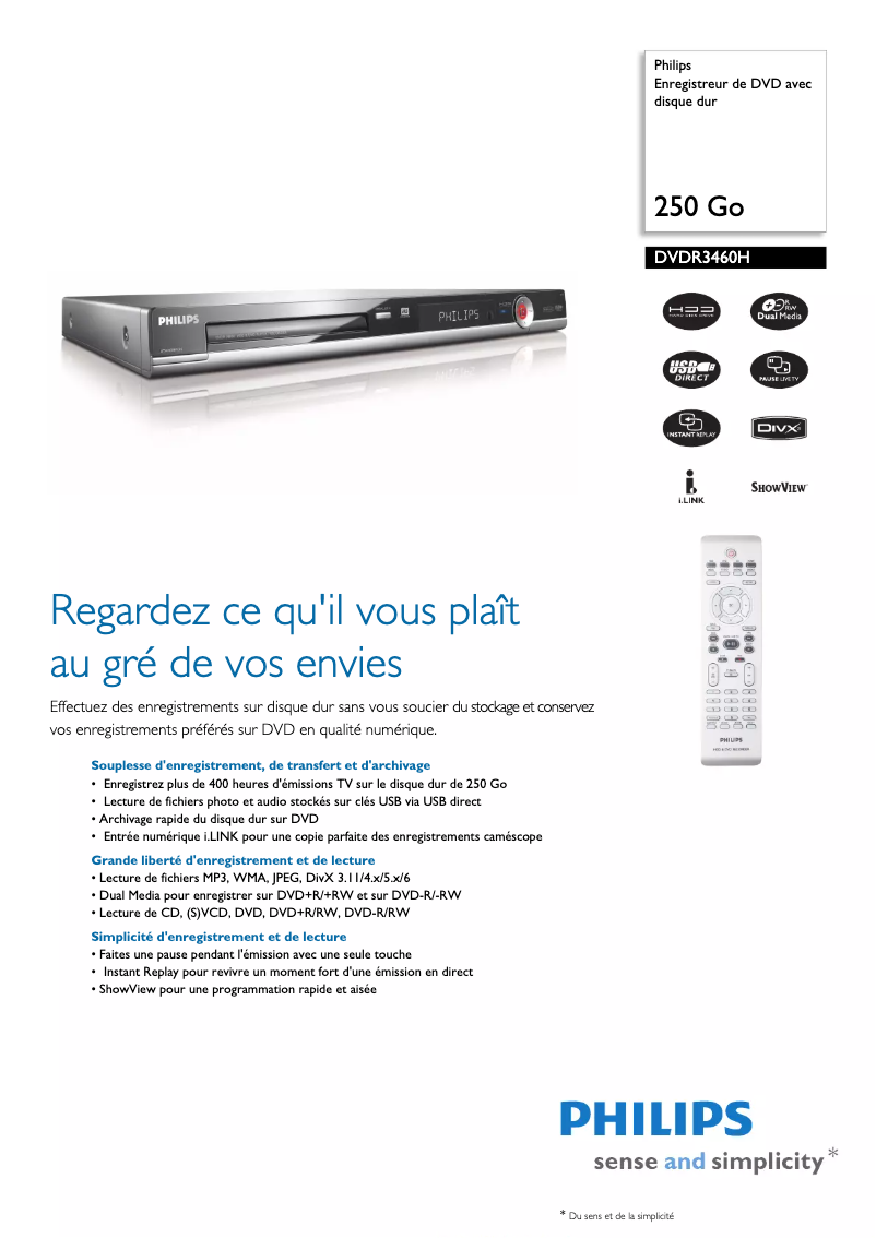 Page 1 de la notice Fiche technique Philips DVDR3460H