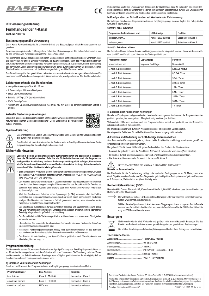 Page 1 de la notice Manuel utilisateur BaseTech BT-1839712