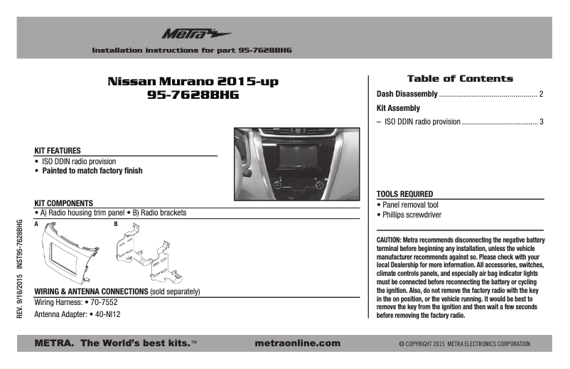 Page n°1 - Manuel utilisateur Metra 95-7628BHG