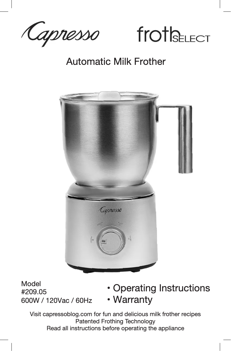 Page 1 de la notice Manuel utilisateur Capresso Froth Select 209.05