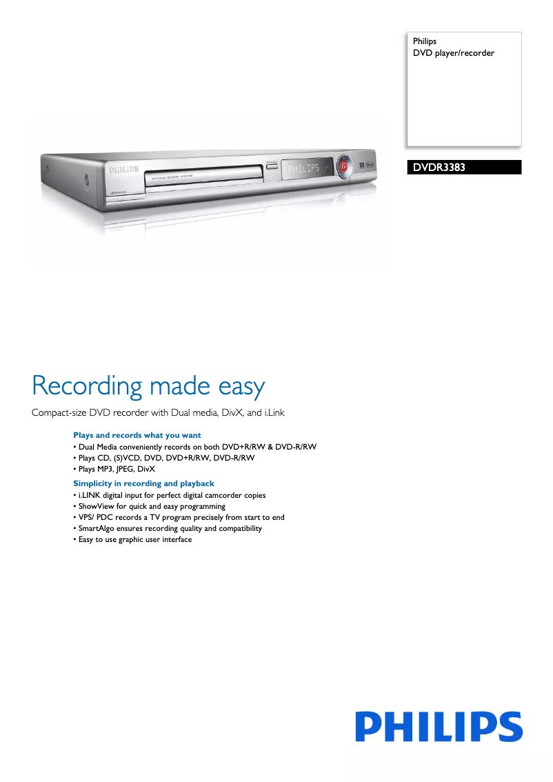 Page 1 de la notice Brochure Philips DVDR3383