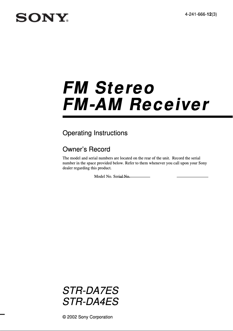 Page 1 de la notice Manuel utilisateur Sony STR-DA4ES