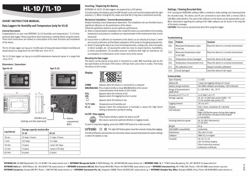 Page 1 de la notice Manuel utilisateur Rotronic HL-1D