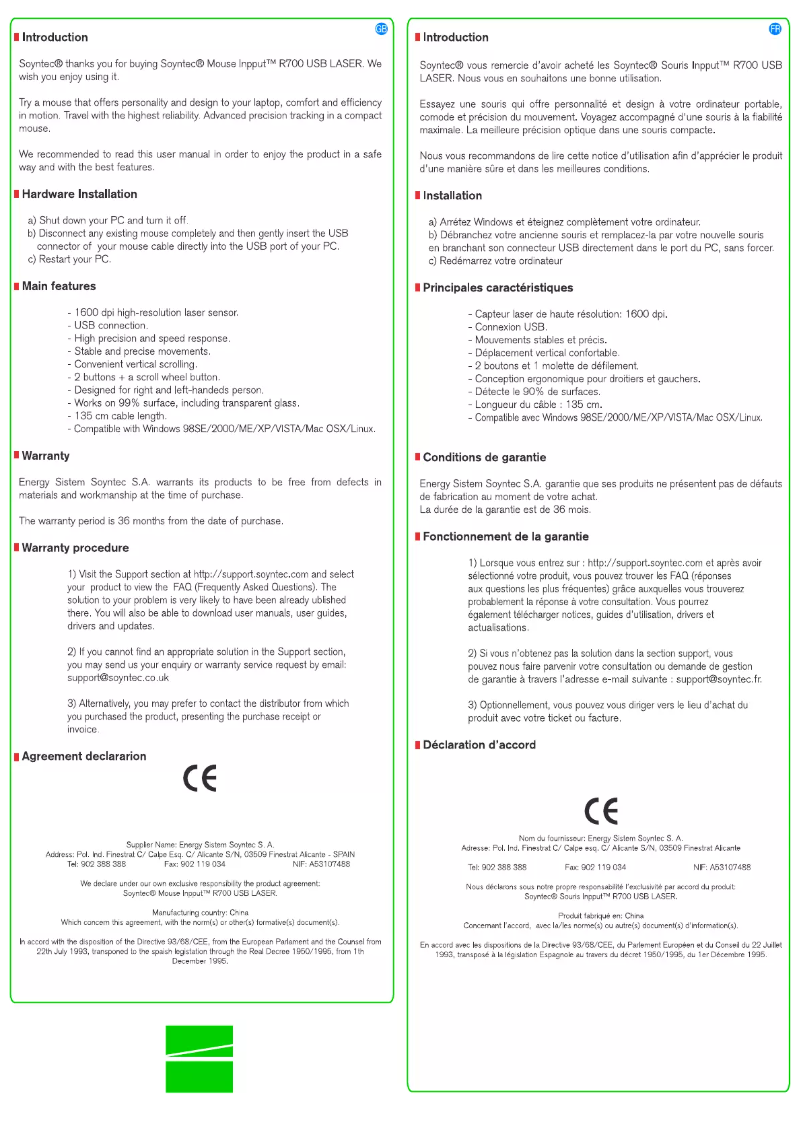 Page n°1 - Manuel utilisateur Soyntec Inpput R700