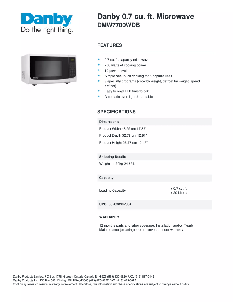 Page 1 de la notice Fiche technique Danby DMW7700WDB