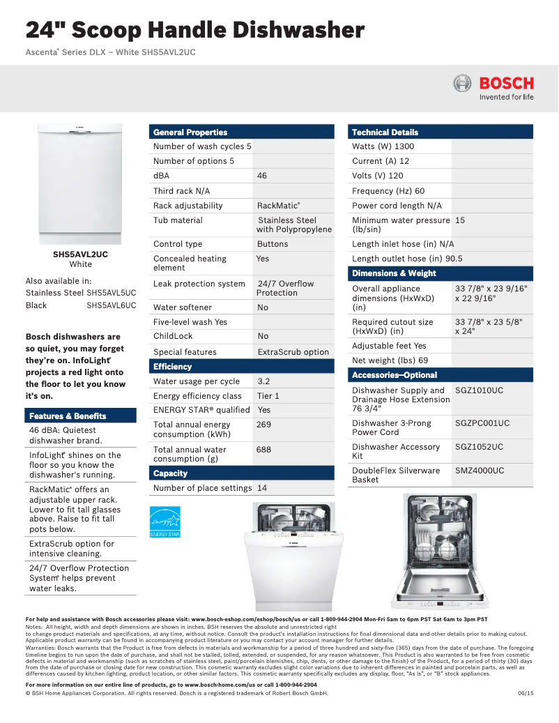 Página 1 del manual Ficha técnica Bosch SHS5AVL