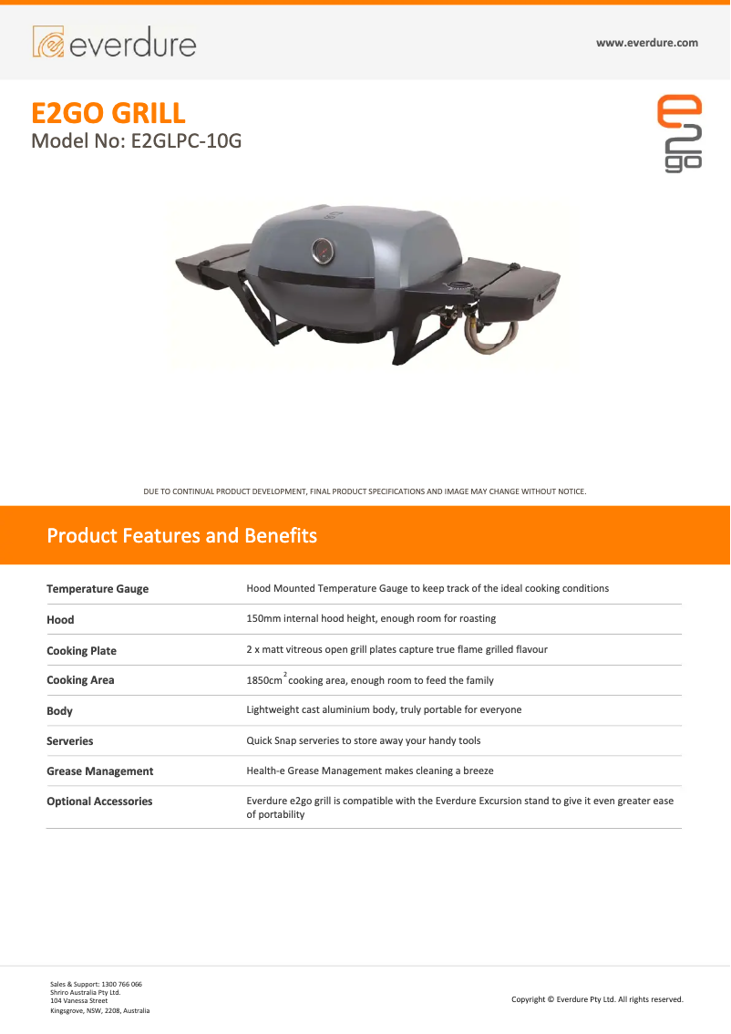 Página 1 del manual Ficha técnica Everdure E2GLPC-10G