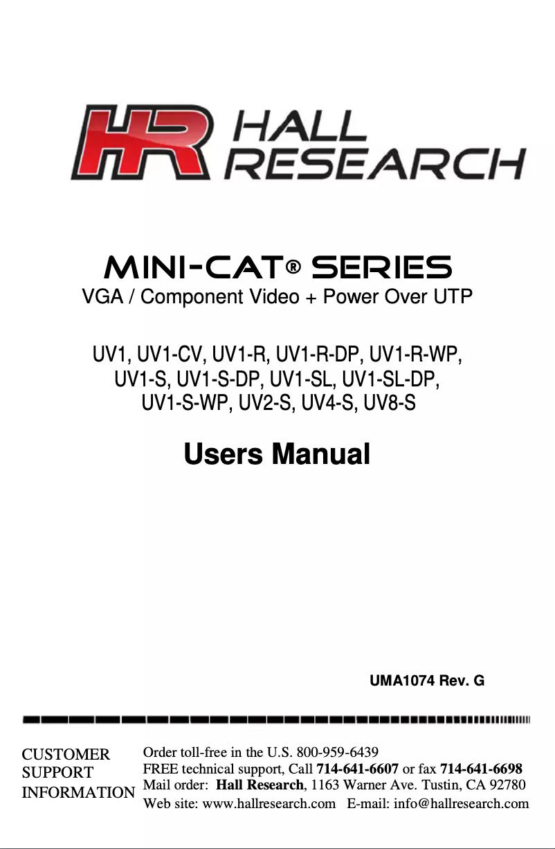 Page 1 de la notice Manuel utilisateur Hall Research UV1-SL