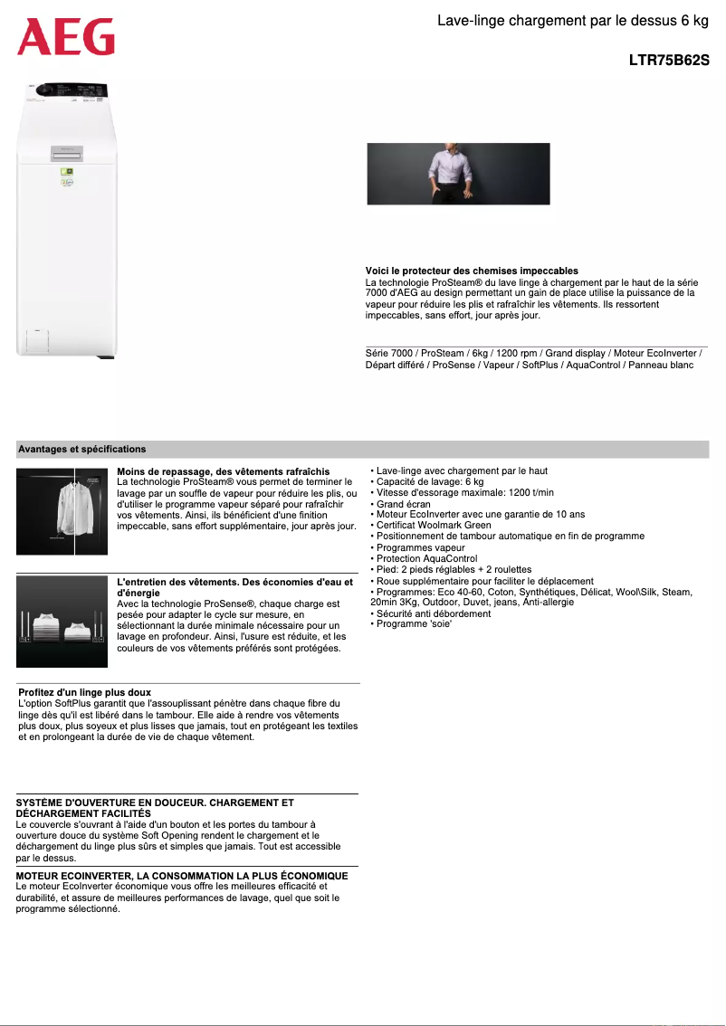 Page 1 de la notice Fiche technique AEG LTR75B62S