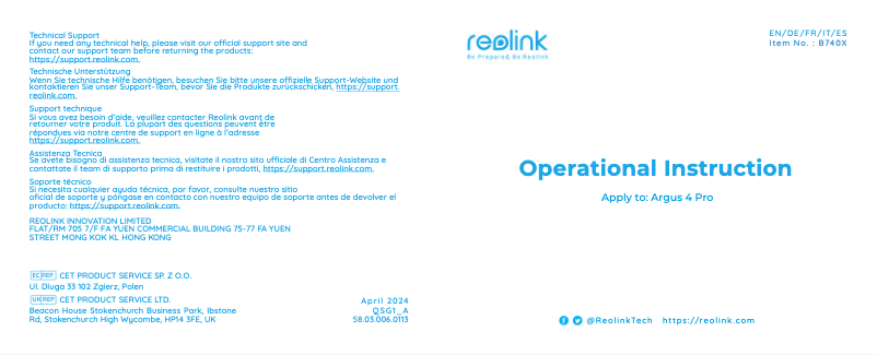 Page n°1 - Manuel utilisateur Reolink Argus 4 Pro