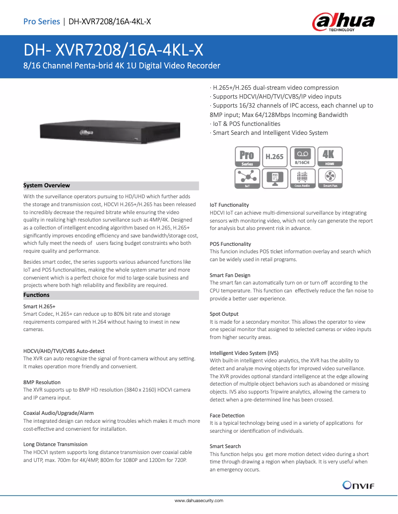 Page 1 de la notice Fiche technique Dahua Technology XVR7208/16A-4KL-X
