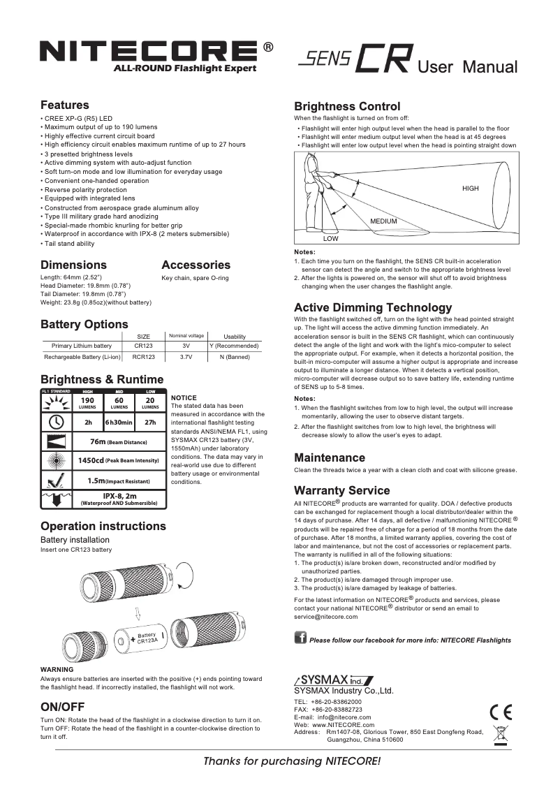 Page 1 de la notice Manuel utilisateur Nitecore SENS CR