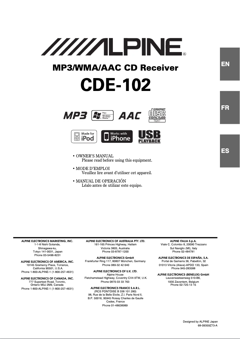 Page 1 de la notice Manuel utilisateur Alpine CDE-102