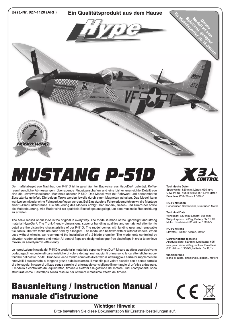 Image de la première page du manuel de l'appareil Mustang P-51D